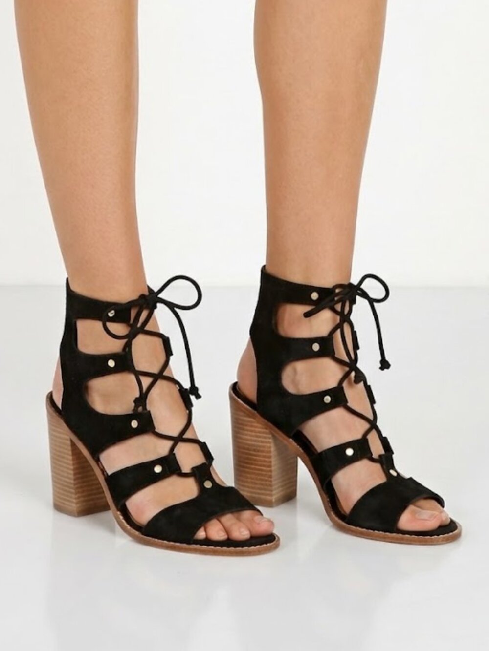 Dolce Vita Lyndon Lace Up Gladiator Block Heel Sandals Black Suede Size 8.5
